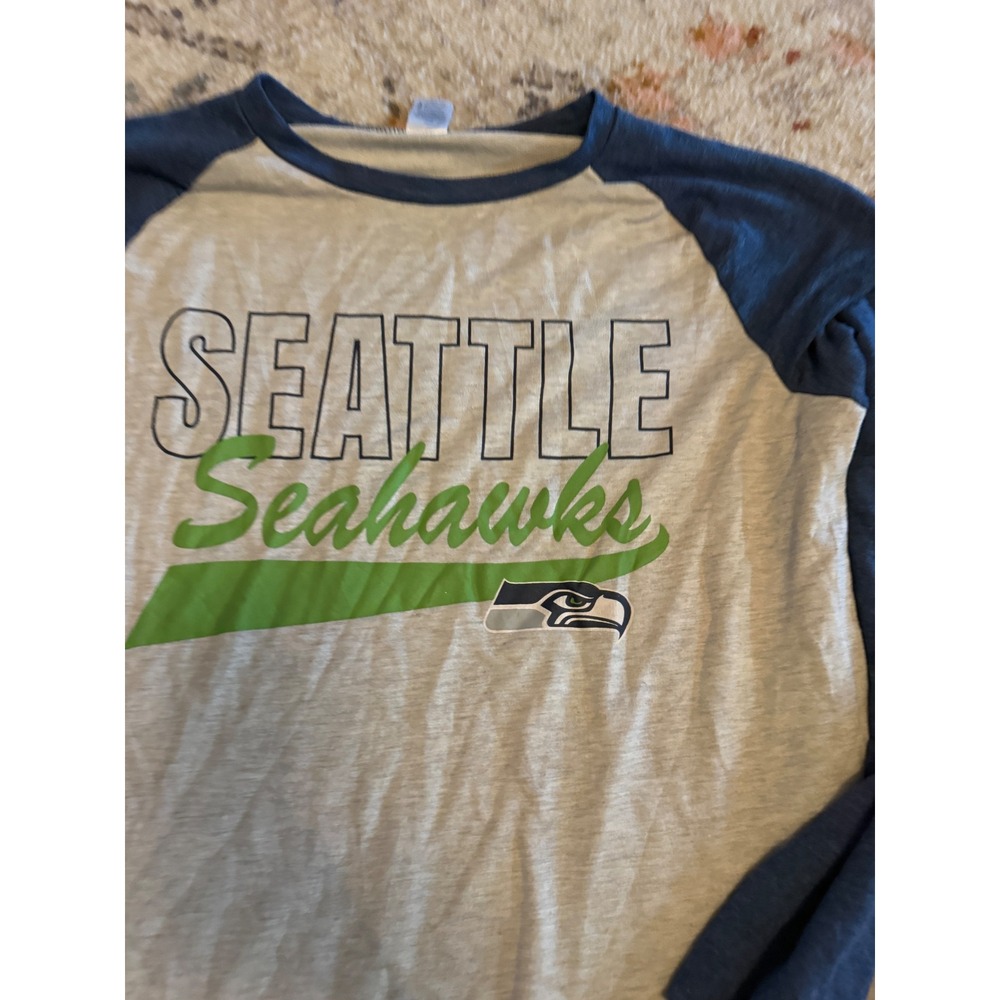 NFL Team Apparel Seattle Seahawks Gray Navy Raglan Shirt Mens XL Long Sleeve